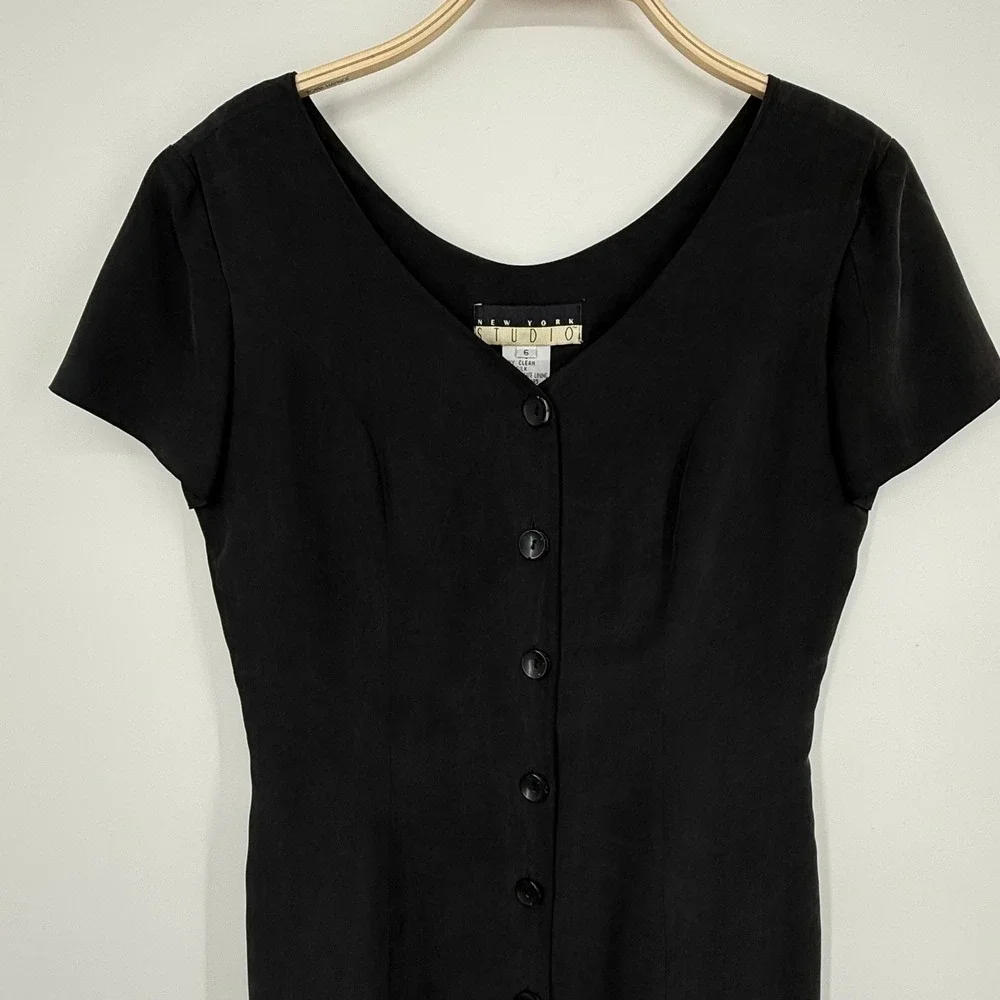 New York Studio Button Front Dress Womens 6 Black Good 100% Silk V-Neck Vintage - Picture 3 of 9